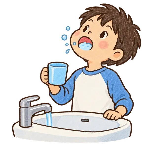 水彩のうがいをする児童
