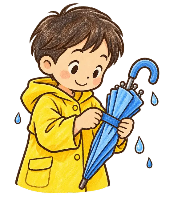 水彩の傘をさす児童