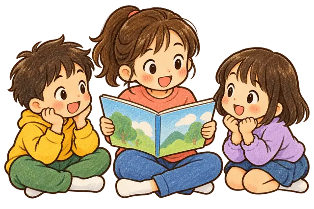 水彩の話を聞く児童