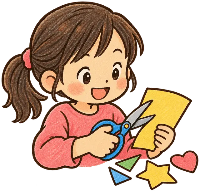 水彩のはさみで工作する児童