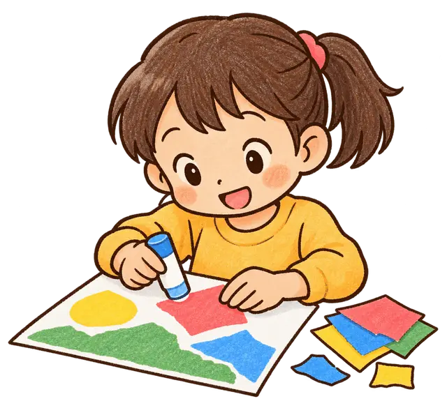 水彩ののりで工作する児童