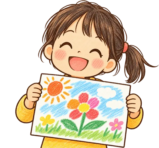 水彩の作品を見せる児童