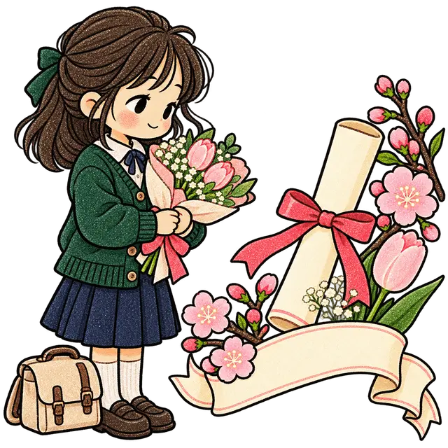 3月の花束を持つ卒業生と卒業証書イラスト