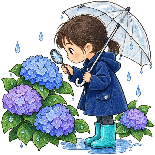 6月のあじさいを観察する雨の日の子どもイラスト