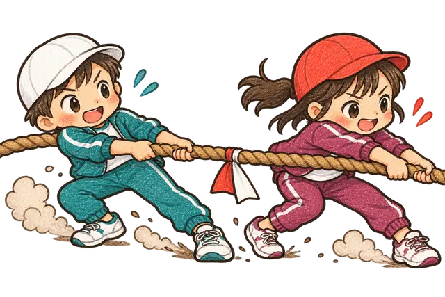 10月の綱引きをする子どもたちイラスト