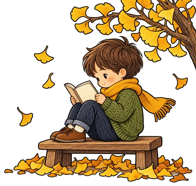 11月のいちょうの下で読書する子どもイラスト