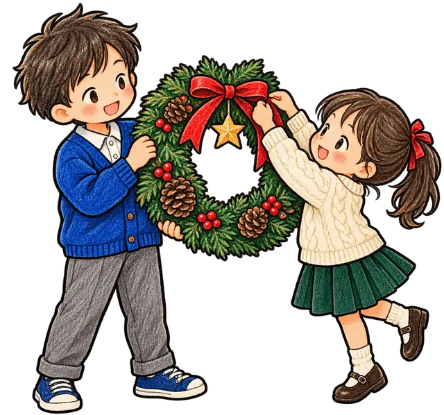 12月のリースを飾る子どもたちイラスト