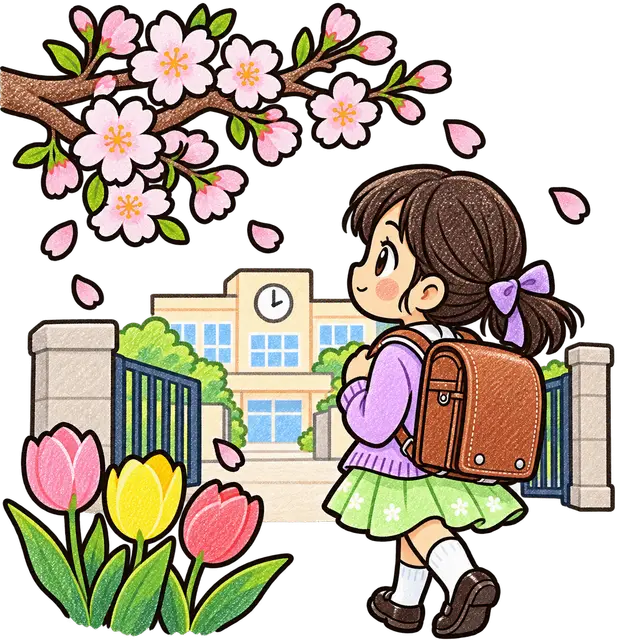 春の桜とランドセルの新一年生イラスト