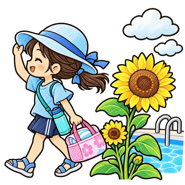 夏のひまわりとプールバッグを持つ児童イラスト