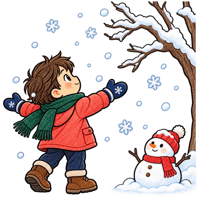 冬の雪遊びをする児童と雪だるまイラスト
