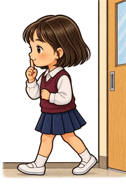 水彩の廊下を静かに歩く児童