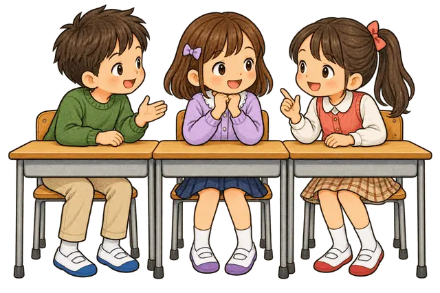教室の机を寄せて話す児童たちイラスト