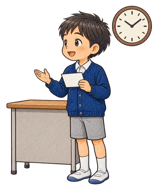 水彩の日直が前で話す児童