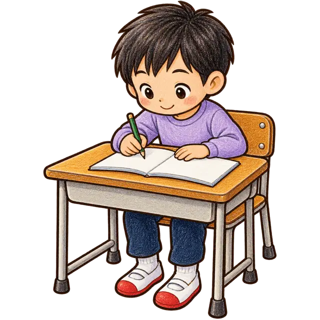 水彩のノートに書く児童