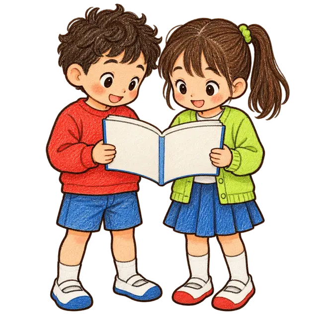 水彩の二人で教科書を見る児童