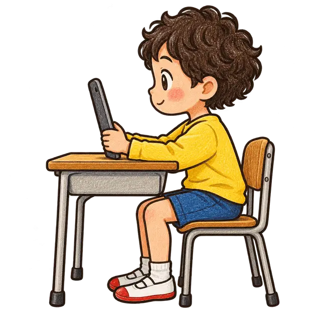 水彩のタブレットを使う児童