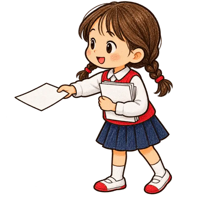 水彩のプリントを配る児童
