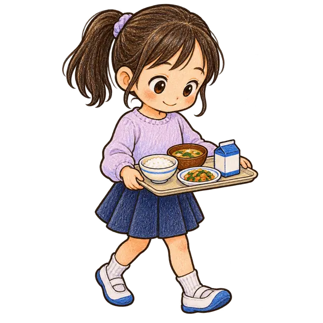 水彩の給食のトレーを運ぶ児童