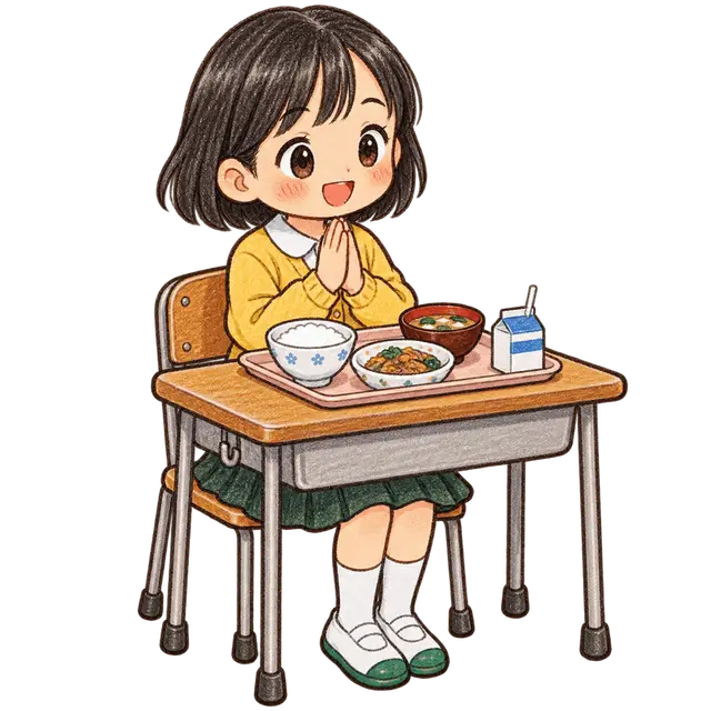 水彩のいただきますをする児童