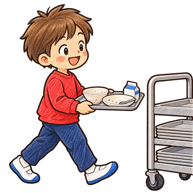 水彩の給食のトレーを返却する児童