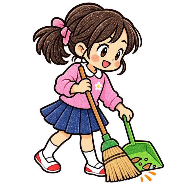 水彩のほうきで掃除する児童