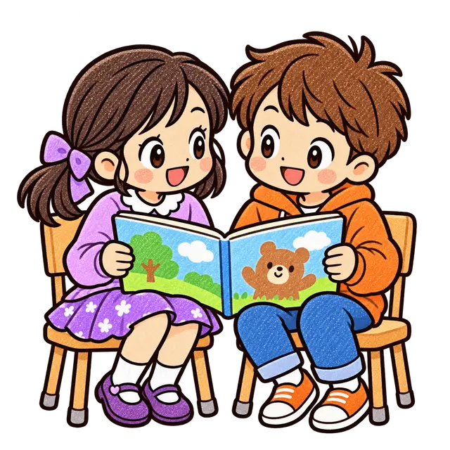 水彩の絵本を一緒に読む児童二人