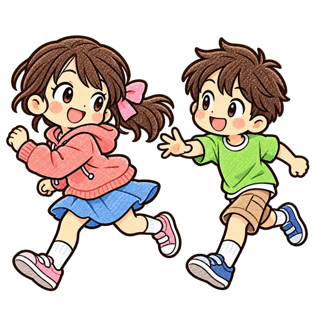 水彩の鬼ごっこをする児童二人