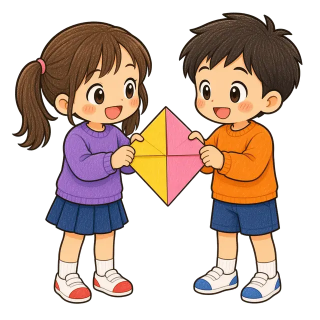 水彩の折り紙を折る児童二人