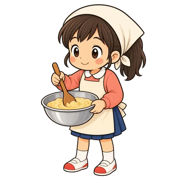 水彩の調理実習で混ぜる女の子