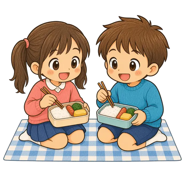水彩の遠足でお弁当を広げる児童二人