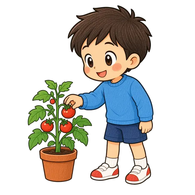 水彩の野菜を収穫する男の子
