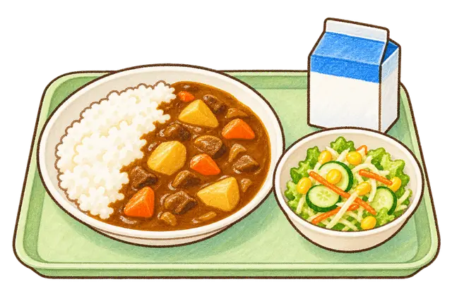 水彩のカレーライスの給食トレー