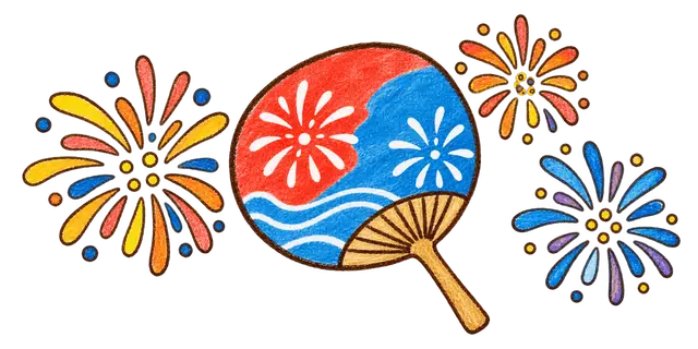 水彩のうちわと花火