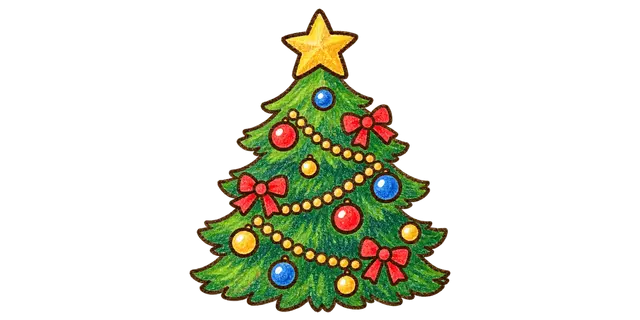 水彩のクリスマスツリーと星